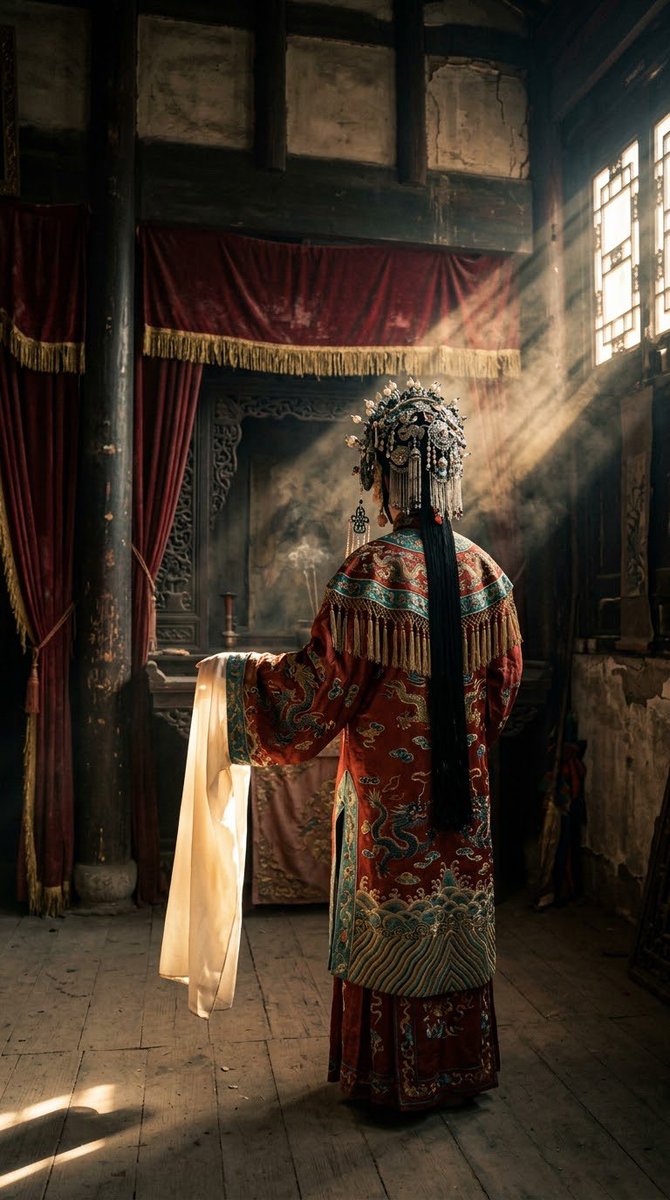 这个提示词的核心是中国神秘主义 + 欧洲艺术电影 + 古典大师油画 + 35毫米胶片。正是这种组合赋予了我所追求的视觉语言：初看像摄影；再看像电影剧照；看得越久，越觉得它像一幅缓缓从黑暗中浮现...