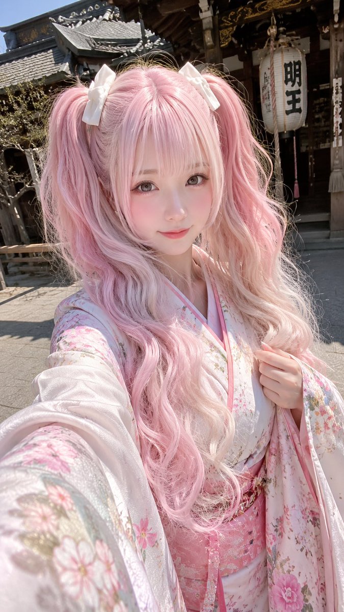 🤳🇯🇵👘🦵😜🫰发型采用高位双马尾公主切风格：粉白渐变的超长卷发，在头顶两侧扎成对称高双马尾；顶部保留齐眉厚实刘海，两侧以细碎发丝修饰脸型。双马尾...