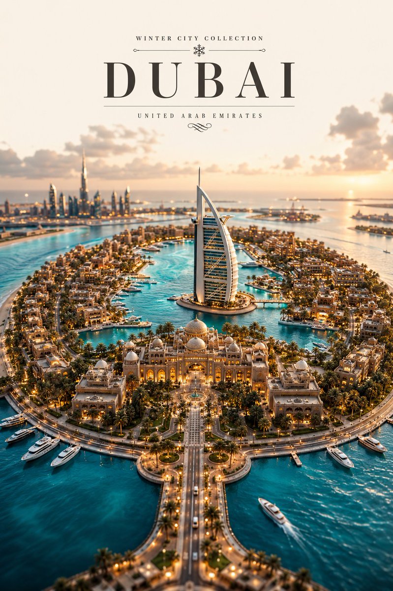 GPT Image 2 提示词（ChatGPT） 提示词 👇 将奥地利 🇦🇹 哈尔施塔特、阿联酋 🇦🇪 迪拜和挪威 🇳🇴 罗弗敦群岛融合为一体的...