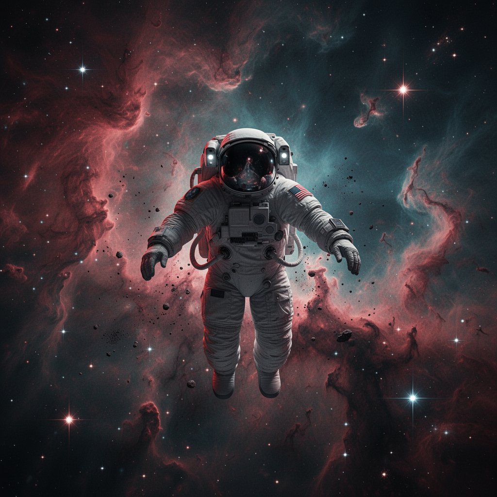 一名孤独的宇航员在深空中失重漂浮,被浓密翻腾的红蓝星云所环绕,周围散布着宇宙尘埃与星光,戏剧性的体积光,强烈对比,细节丰富的反光头盔面罩,电影级...