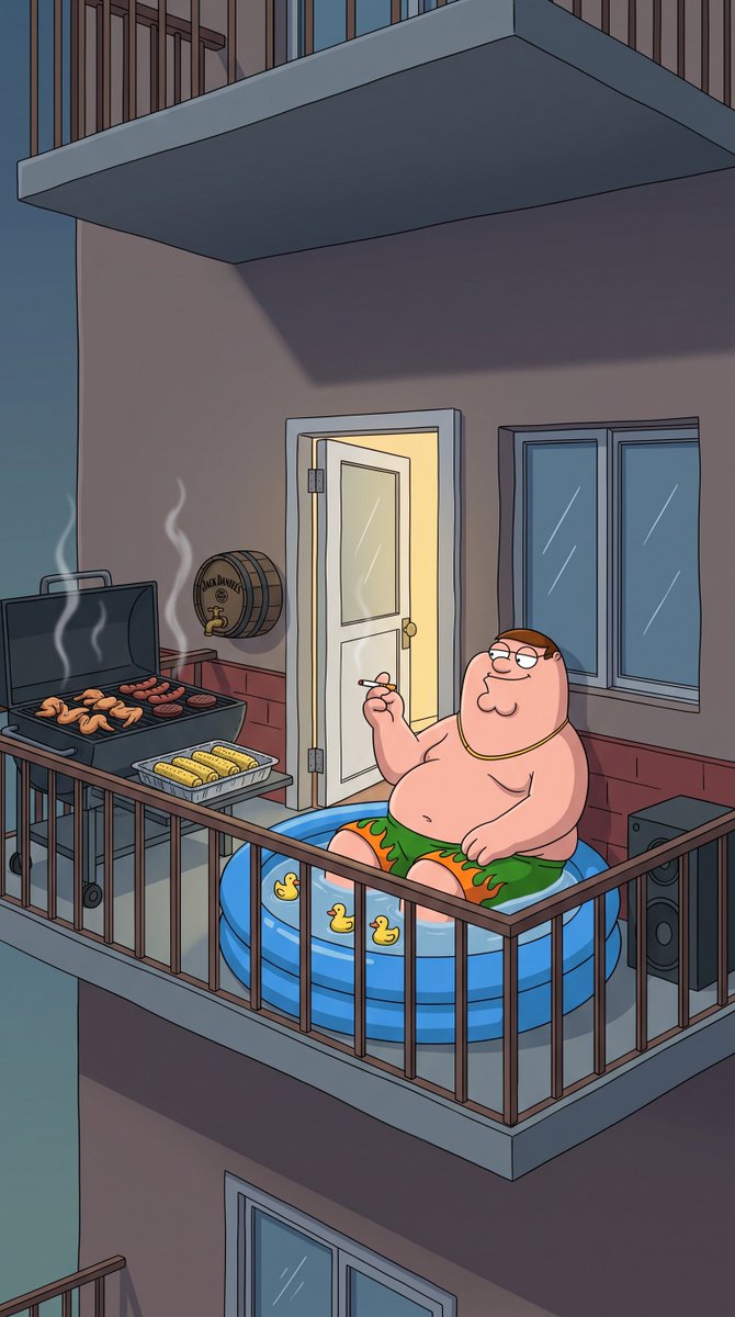 • 图像提示（Nano Banana）： 《Family Guy》（《恶搞之家》）一集中的一个背景镜头。2D 传统电视动画，采用该剧完全一致的本...