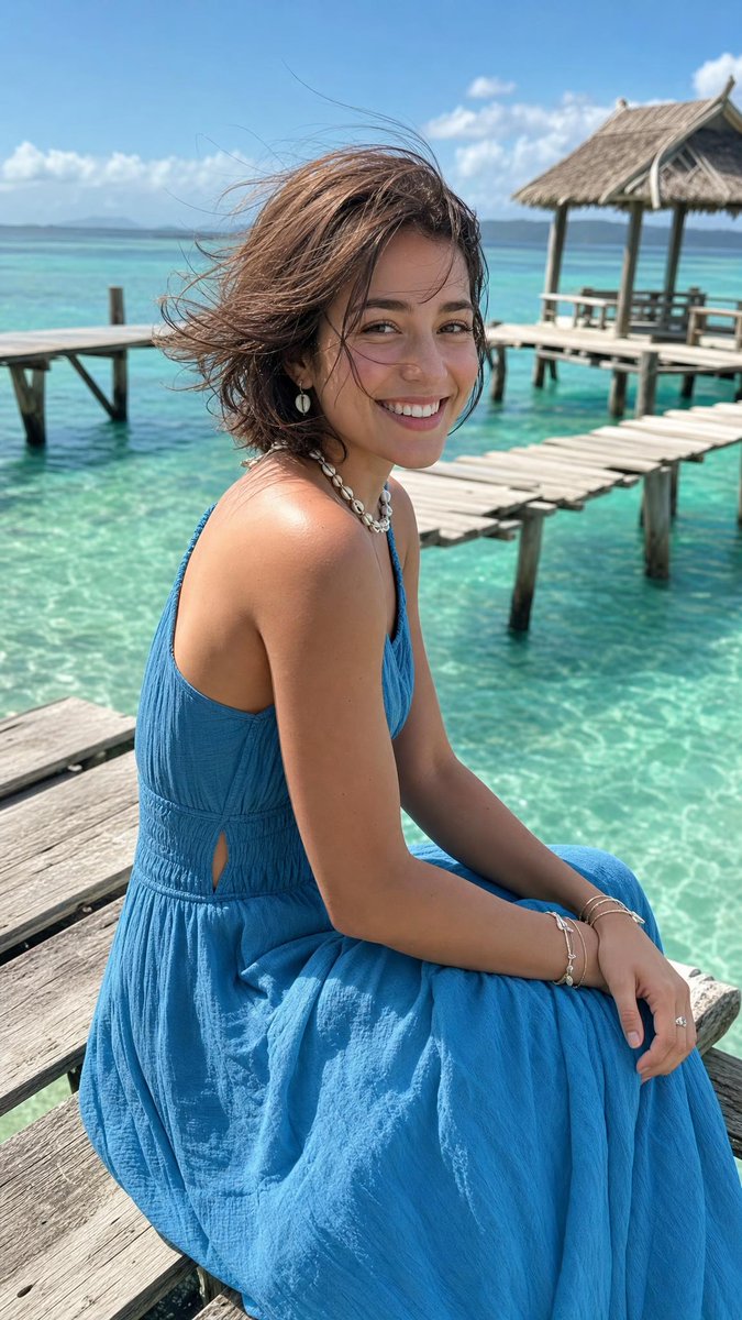 超写实电影感夏日人像：一位年轻女子坐在清澈热带海水上方的质朴木制码头上，纵向 4:5 构图。她身穿飘逸的青蓝色棉质长吊带连衣裙，腰部修身，面料带有细微纹理，裙摆长而飘逸。她佩戴贝壳首饰、小巧耳...
