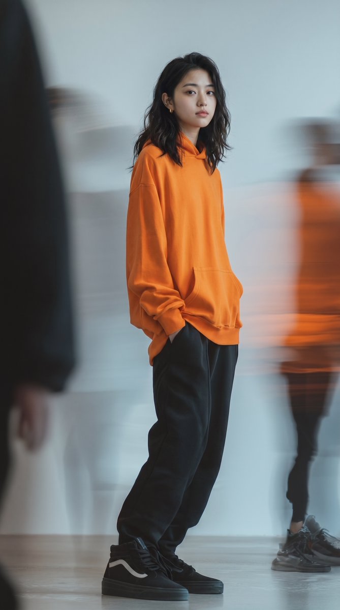 时尚大片摄影：一位年轻的东亚女性站在现代极简风格的摄影棚中。她身穿一件鲜艳的宽松橙色连帽衫，宽松的黑色运动裤，裤脚在脚踝处收紧，脚下是一双带白色...