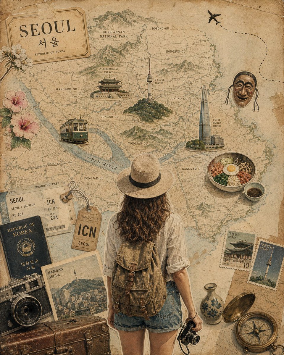 创作一幅精致的复古旅行拼贴海报，灵感来自[Country Name]，采用严格的4:5竖版肖像画幅。 以一张大幅、质感精美、纹理丰富的[Country Name]复古地图作为主要背景，印在陈旧...