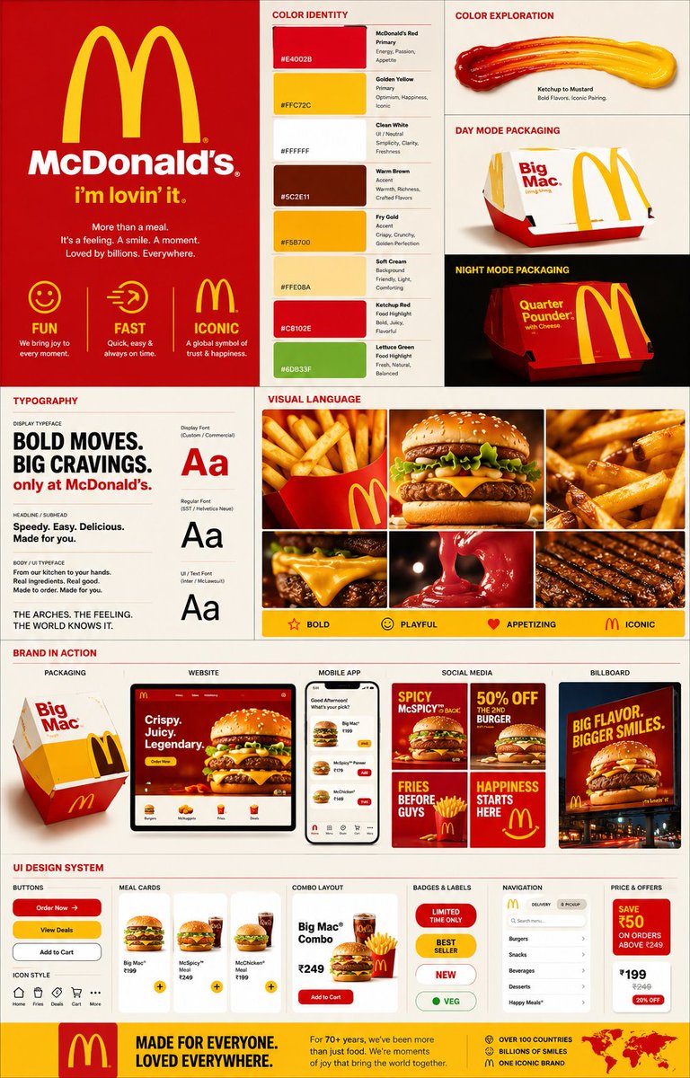 为麦当劳（McDonald’s）打造一张高端创意机构品牌识别展示海报。将品牌无可挑剔的视觉识别转化为一套完整、精良的品牌系统，使其呈现出鲜明、易...