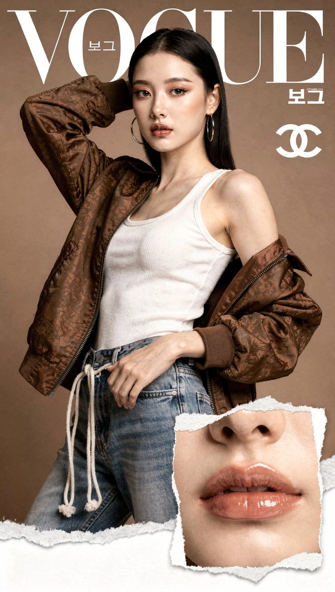 [FLUX.2 Pro Prompt] ar 9:16 2K 高端时尚杂志封面,Vogue Korea 风格,纯色暖调灰褐棕色背景。主体人物为一位年轻的东亚女性(NewJeans 的 Minj...