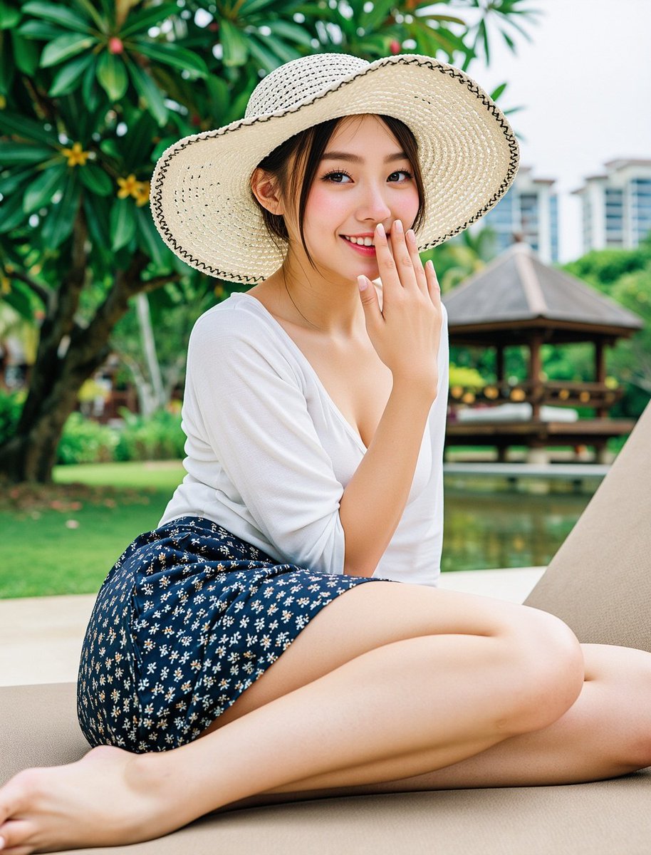 一張高畫質、帶有熱帶渡假村奢華休閒風與清涼夏日生活感質感的戶外躺椅人像照片。拍攝一位約20歲的東亞年輕女性，她擁有精緻秀氣的五官比例：白皙透亮且...