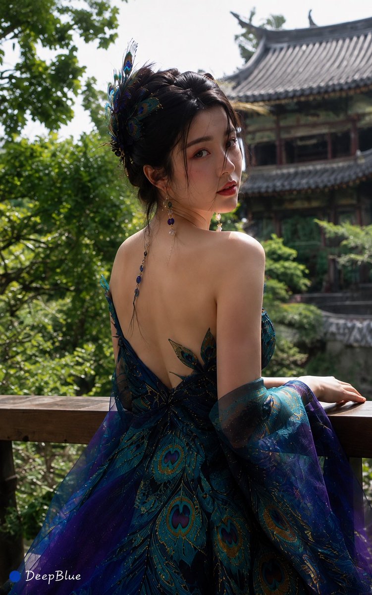 成年女性，身穿以孔雀为灵感的现代高级时装；孔雀绿、深蓝、蓝紫渐变，少量金色点缀，服装融入羽冠结构、尾羽曲线与孔雀眼状纹理，不出现完整孔雀图案，优...