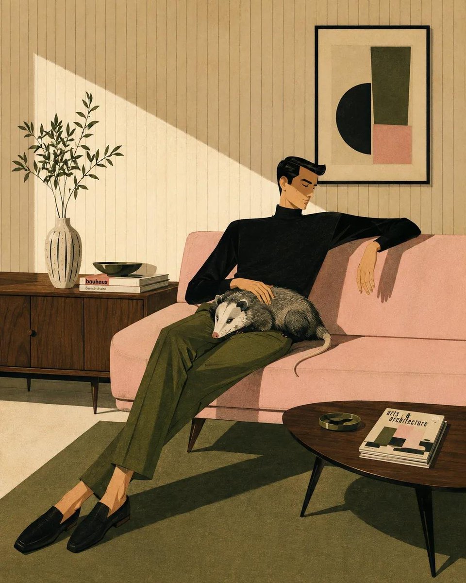风格化的中世纪现代主义插画，画中[HUMAN]以[POSE]的姿态慵懒地倚靠在[SOFA]上，身着[CLOTHING]，旁边有[ANIMAL]静...