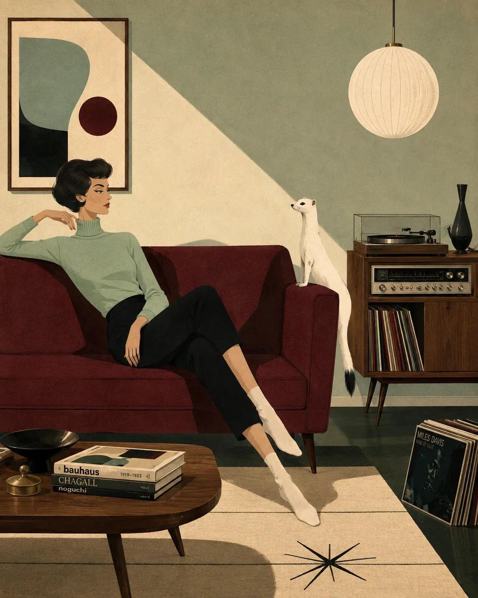 风格化的中世纪现代主义插画，画中[HUMAN]以[POSE]的姿态慵懒地倚靠在[SOFA]上，身着[CLOTHING]，旁边有[ANIMAL]静静休憩。场景设定于[SCENERY]，构图采用简...
