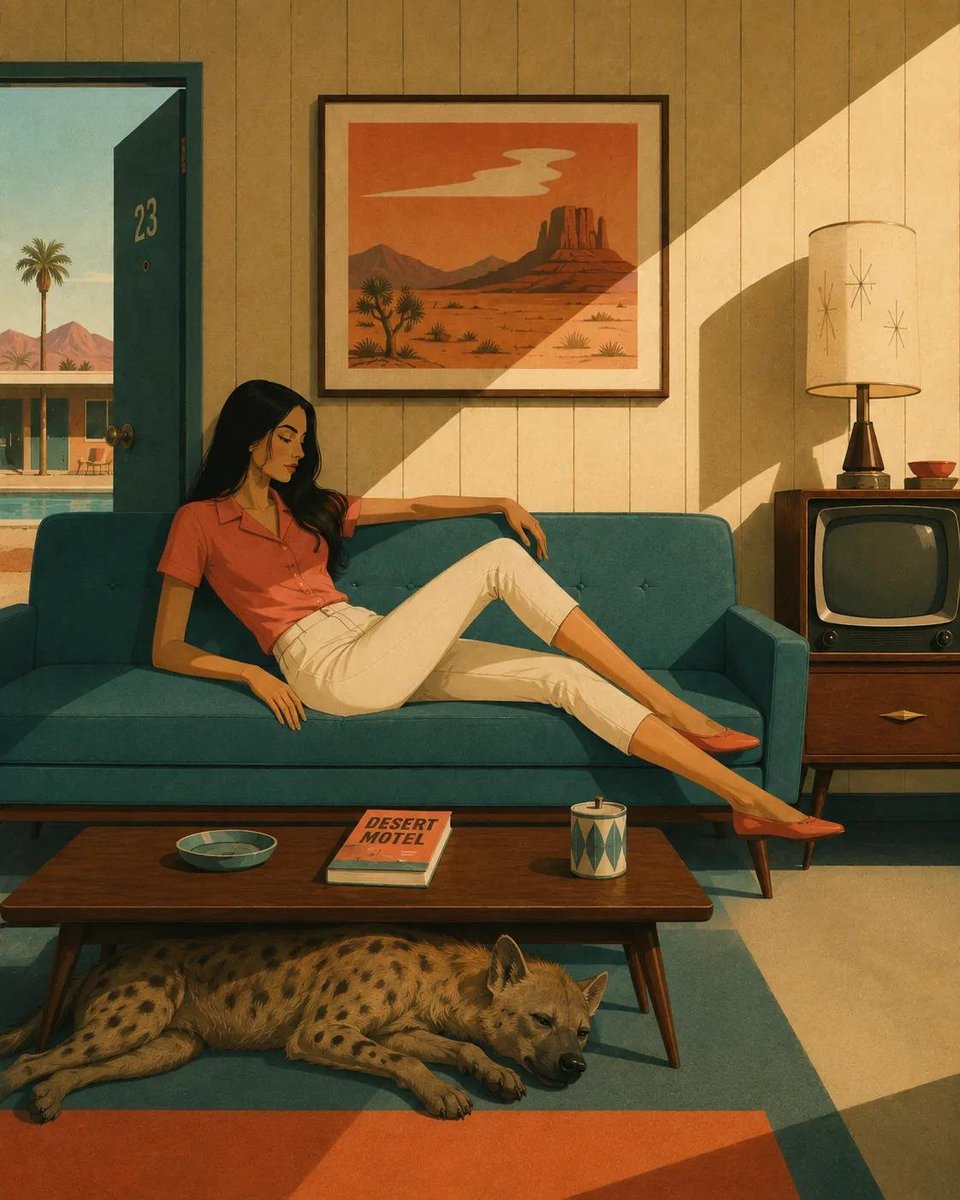 风格化的中世纪现代主义插画，画中[HUMAN]以[POSE]的姿态慵懒地倚靠在[SOFA]上，身着[CLOTHING]，旁边有[ANIMAL]静静休憩。场景设定于[SCENERY]，构图采用简...
