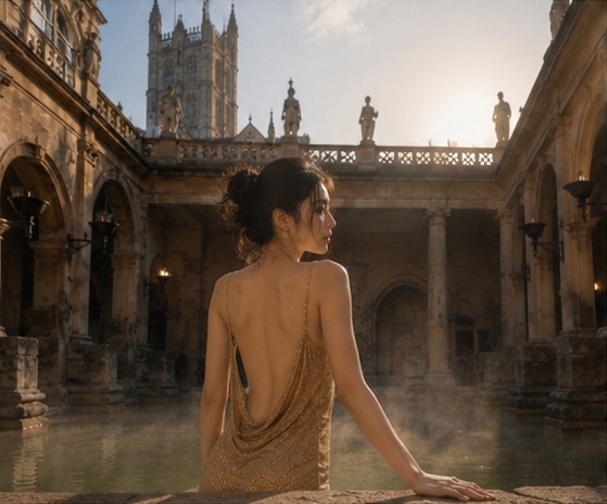 GPT Image 2 on ChatGPT Rome Bath｜3 Prompt ⬇️⬇️⬇️ 一位年轻成年东亚女性坐在英国巴斯古罗马浴场的古...