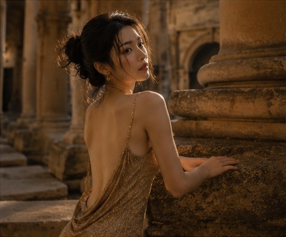 GPT Image 2 on ChatGPT Rome Bath｜3 Prompt ⬇️⬇️⬇️ 一位年轻成年东亚女性坐在英国巴斯古罗马浴场的古老石质池沿上，画面从头顶拍至小腿附近。人物位于中...