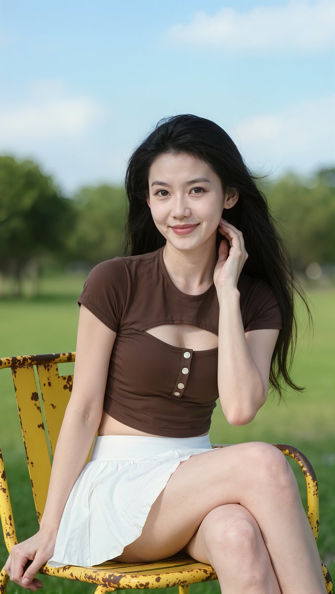 [Kling 提示词] 一张照片写实风格的年轻东亚女性肖像，长直黑色头发，白皙肌肤，淡妆自然，嘴角轻柔闭合微笑，坐在户外的公园椅子上，椅子为带有...
