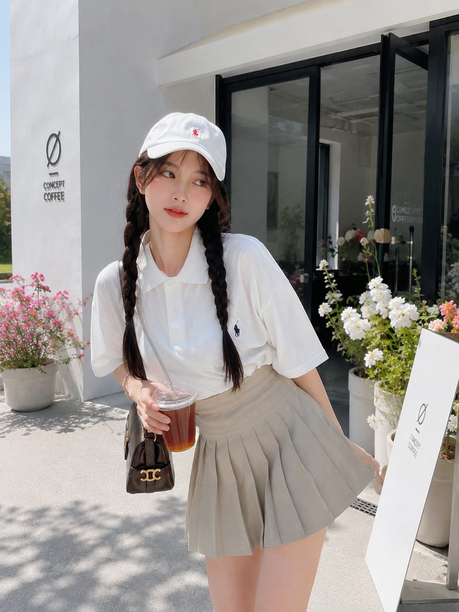 一张迷人的、照片写实风格的生活方式人像照：一位美丽的年轻日本女性，在晴朗的阳光下，于一家现代极简风格的咖啡馆外俏皮地摆姿势。她微微前倾，在脸旁俏...