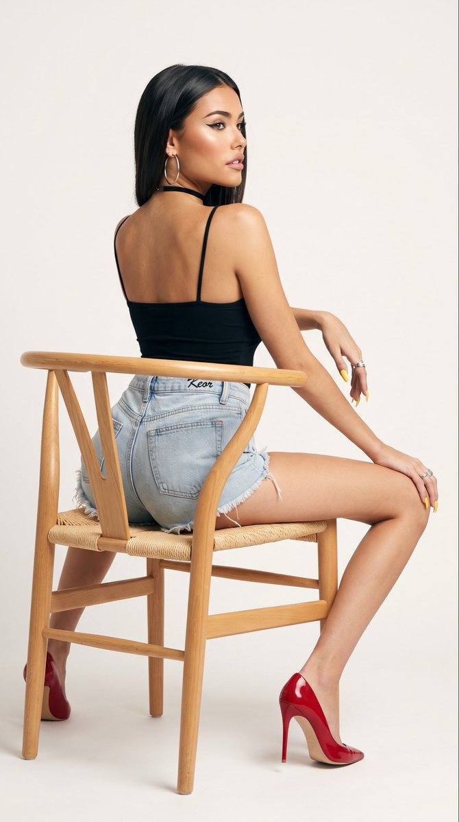 一张全长棚拍编辑级人像照，主体为 madison beer，直发中分。她坐在一把浅色木质餐椅上，椅面为编织草席；她的身体背向镜头，主要展示背部。...
