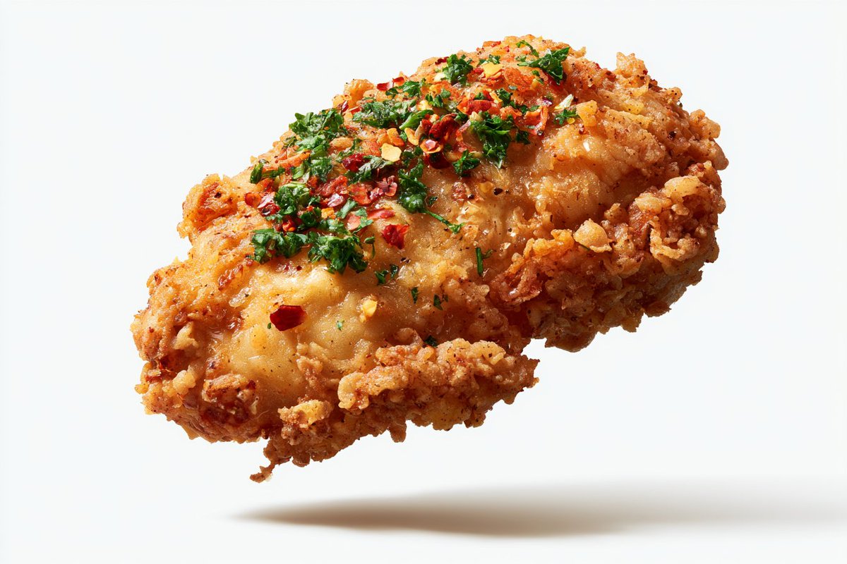 [主体]顶部装饰着[配料]，悬浮于半空中，以纯净的白色孤立背景衬托，高端美食摄影，丰富的自然表面纹理，开胃的细节，逼真的纤维与水分，细腻的调味，...