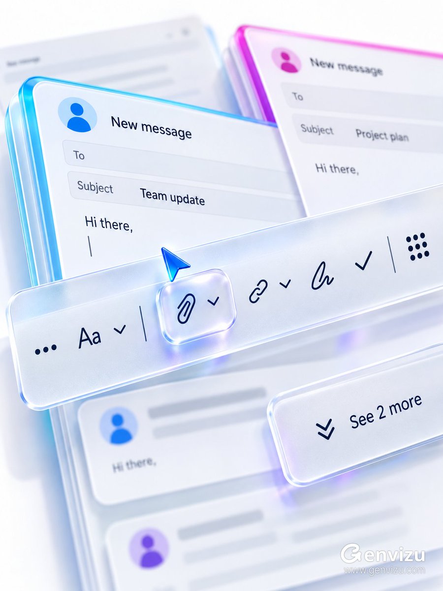 用途：ui-mockup。资产类型：高级无品牌的 Microsoft 365 / Fluent 风格的电子邮件撰写界面宏渲染。在纯不透明的冷白色...