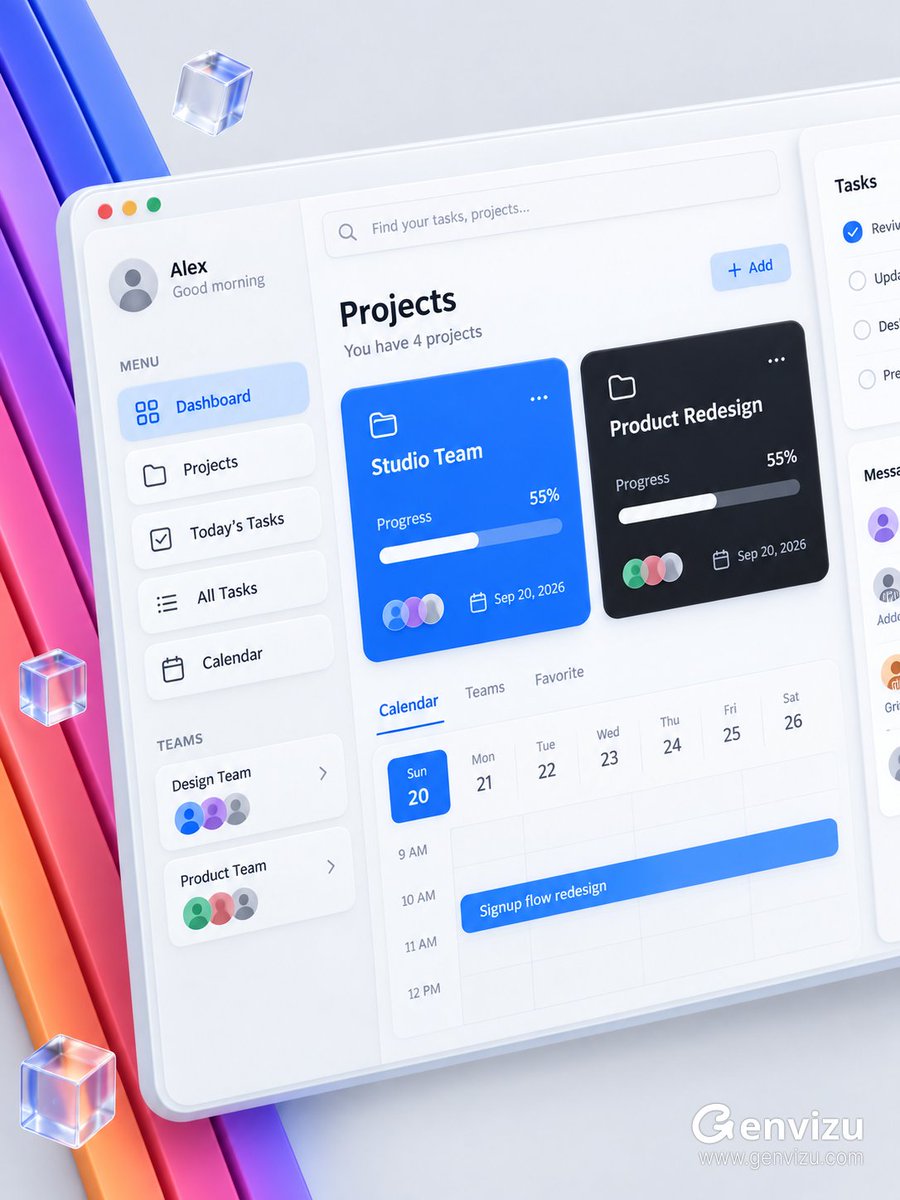 用途：ui-mockup。资产类型：高级无品牌的 Microsoft 365 / Fluent 风格 3D 桌面项目管理仪表板展示。在坚实不透明...