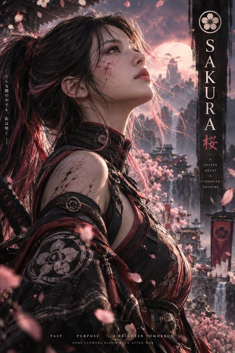 灵感源自传奇忍者世界与现代动漫电影的极致电影感动漫角色海报，采用高端动漫–写实混合风格的真实女战士。竖版电影海报构图，胸部以上侧脸近景特写，目光...