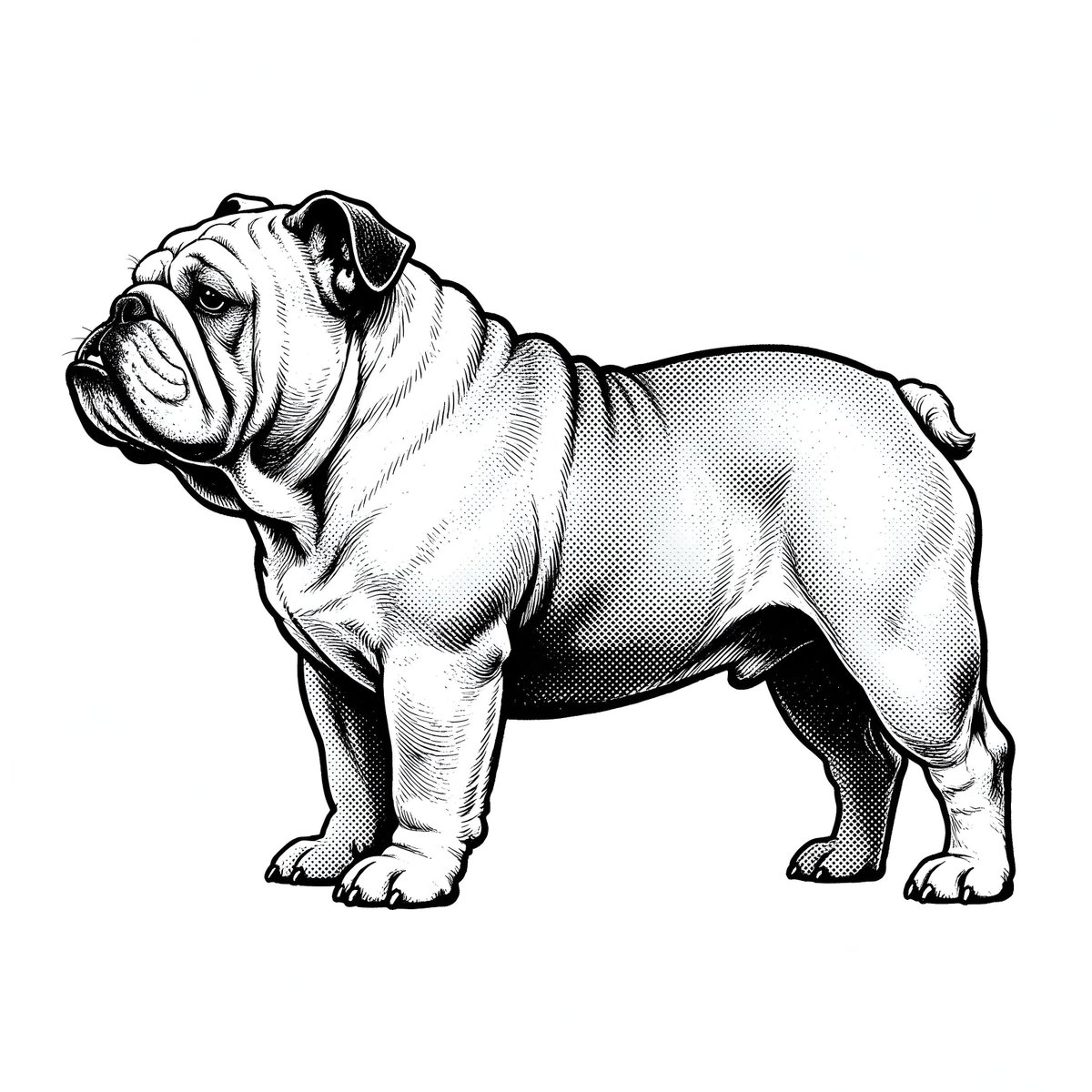 一幅黑白插画描绘了一只斗牛犬，置于白色背景中央。斗牛犬以全身、侧面的视角呈现，面朝左侧。其肌肉发达的身躯清晰可见，头部宽阔，面部布满皱纹，下颌略...