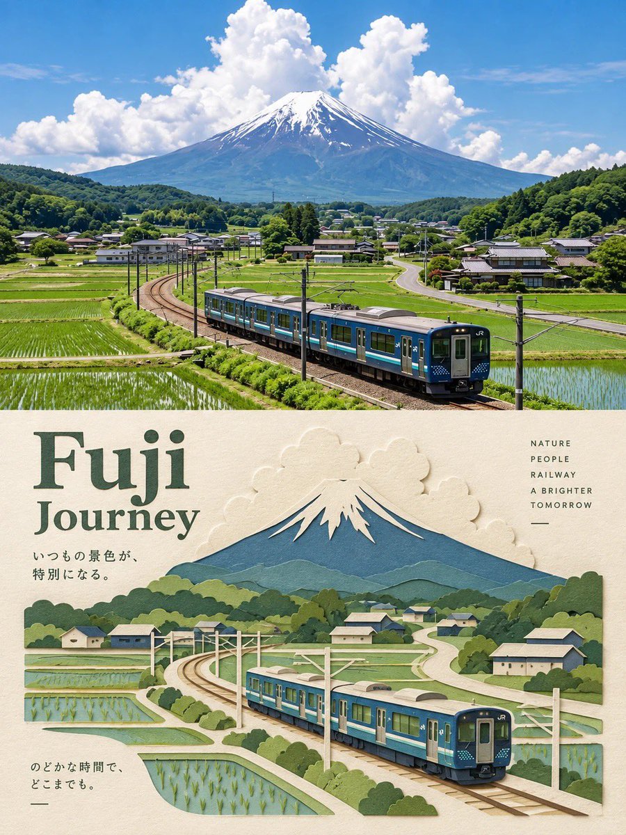 一幅垂直分栏的旅行海报，上半部分是摄影实景，下半部分是同一场景的3D分层纸艺插画。 上半部分（写实摄影）：一幅广角、高度细节、色彩鲜艳的[插入地...