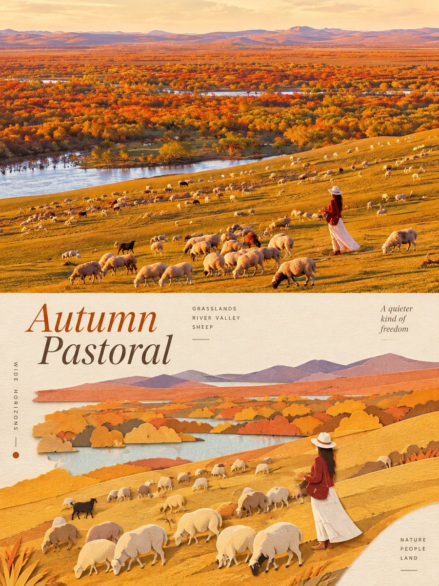 一幅垂直分栏的旅行海报，上半部分是摄影实景，下半部分是同一场景的3D分层纸艺插画。 上半部分（写实摄影）：一幅广角、高度细节、色彩鲜艳的[插入地点/景观，例如：宁静的瑞士阿尔卑斯山谷配一辆现代...