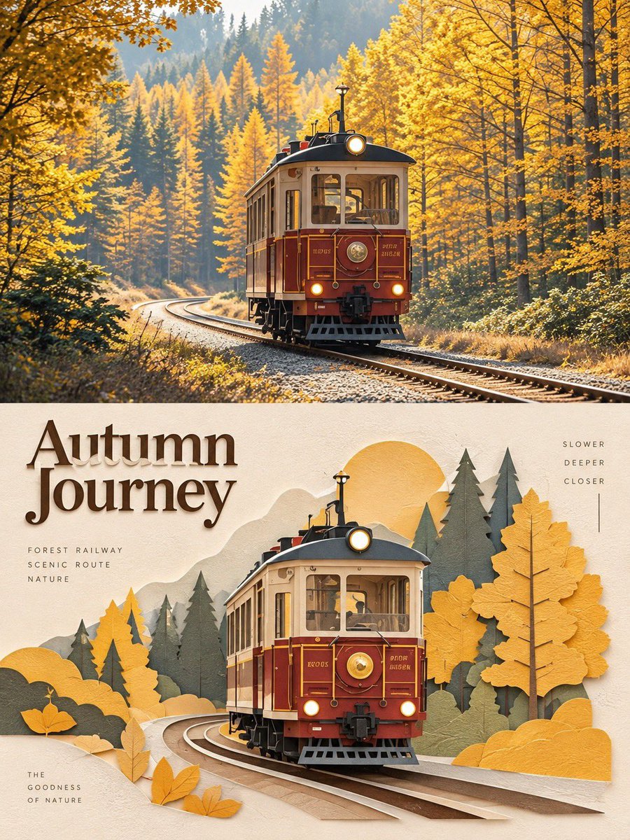 一幅垂直分栏的旅行海报，上半部分是摄影实景，下半部分是同一场景的3D分层纸艺插画。 上半部分（写实摄影）：一幅广角、高度细节、色彩鲜艳的[插入地点/景观，例如：宁静的瑞士阿尔卑斯山谷配一辆现代...