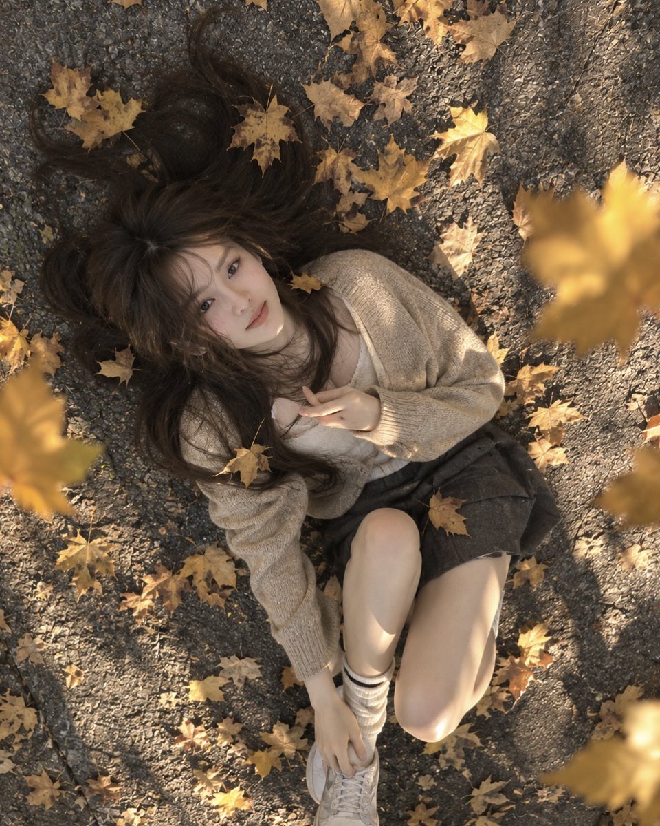 一张超写实艺术风格的俯视人像照片，画面中一位年轻女子躺在一片质感粗糙的灰色沥青路面上，路面散落着金黄色的秋日枫叶。相机正对她的正上方，形成极具张...