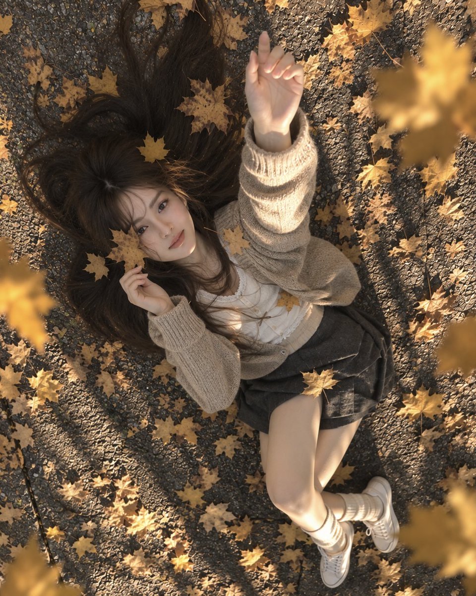 一张超写实艺术风格的俯视人像照片，画面中一位年轻女子躺在一片质感粗糙的灰色沥青路面上，路面散落着金黄色的秋日枫叶。相机正对她的正上方，形成极具张力的俯拍构图。她仰面平躺，头部朝向画面右下角，目...