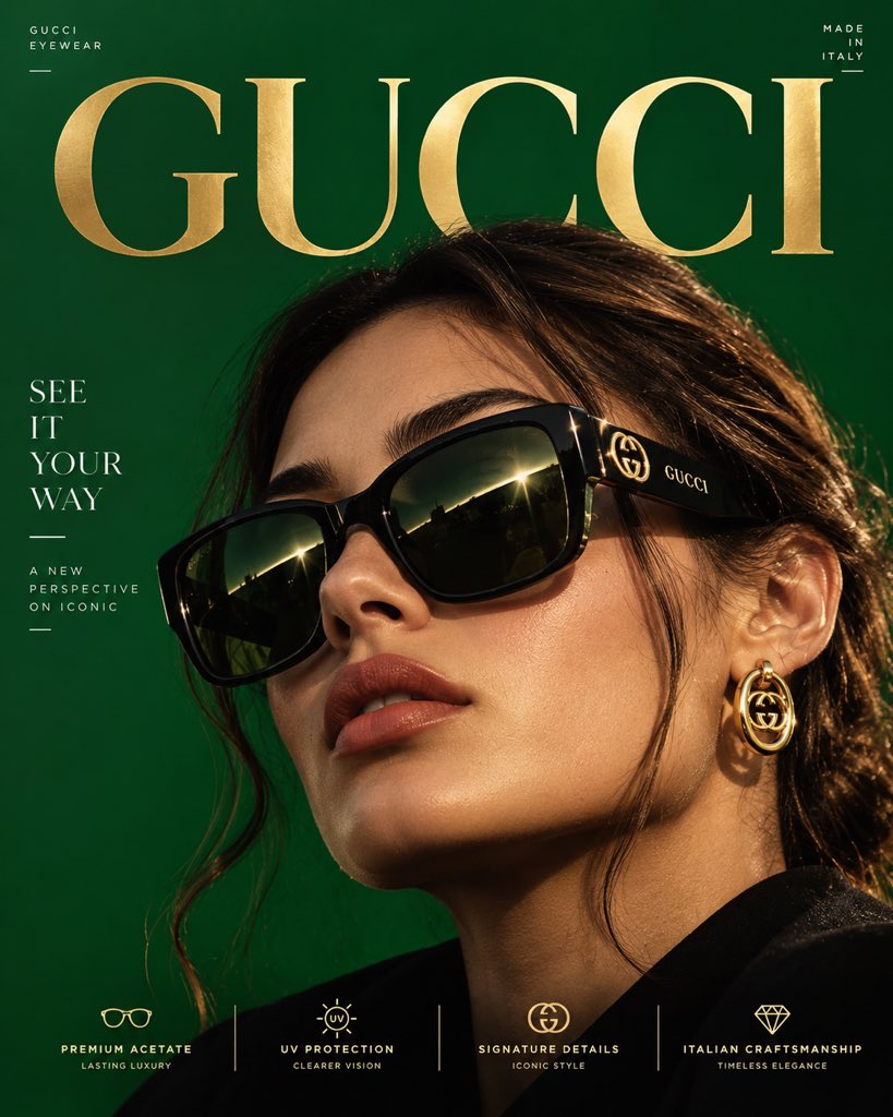 Gucci 太阳镜 —— “全新经典” 4:5 竖版高级海报,8K,大胆的商业版面 × 意大利时尚编辑风格 × 照片级真实奢华广告 🧠 核心创意: “SEE IT YOUR WAY.”(以你的...