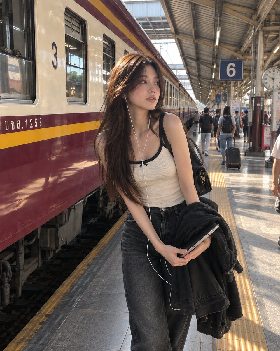 一张具有照片般真实感的随性旅行人像照：一位年轻女子站在繁忙的火车站台上，旁边是一列长长的客运列车。她留着长而笔直、丰盈的深棕色头发，自然地披散在...