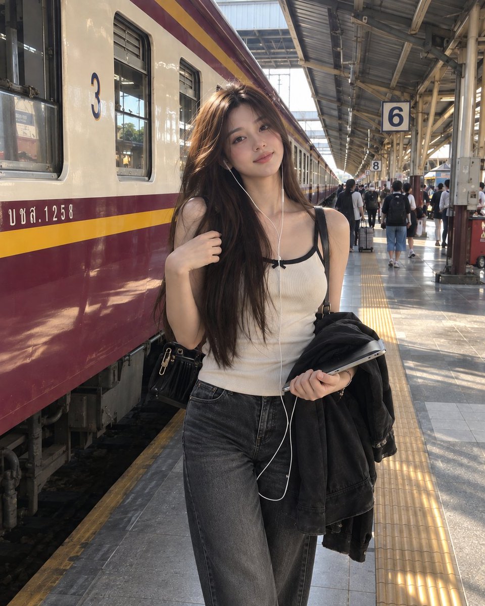 一张具有照片般真实感的随性旅行人像照：一位年轻女子站在繁忙的火车站台上，旁边是一列长长的客运列车。她留着长而笔直、丰盈的深棕色头发，自然地披散在肩膀上并垂至背部，脸颊周围有几缕松散的发丝。她拥...