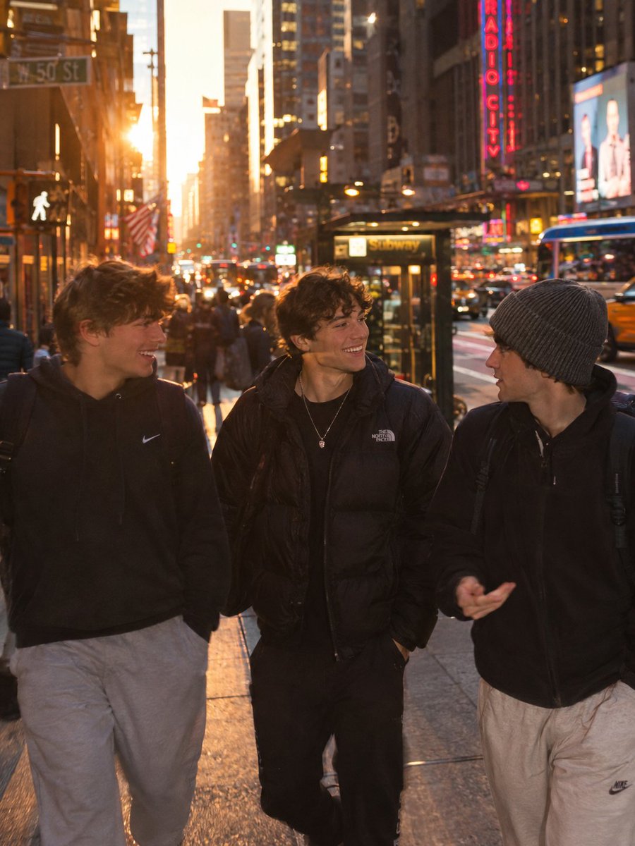 超写实电影感照片：[CHARACTERS, e.g. a group of 3 friends in their 20s]一起走在[LOCATI...