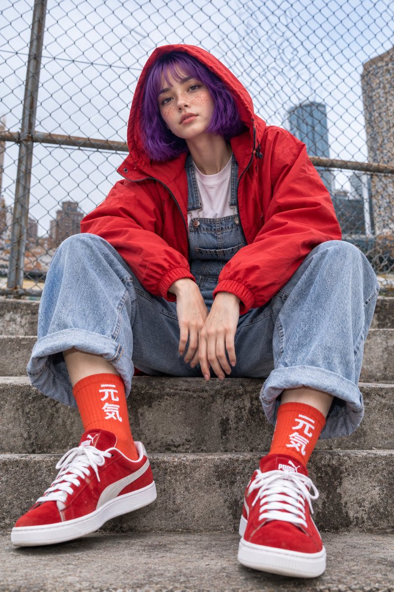 创作一张超写实的低角度特写时尚人像，主体为参考图中同一位年轻成年女性角色，需保留其鲜明紫罗兰色齐下巴波波头与齐刘海、瓷白肤色、鼻梁与脸颊上的自然...