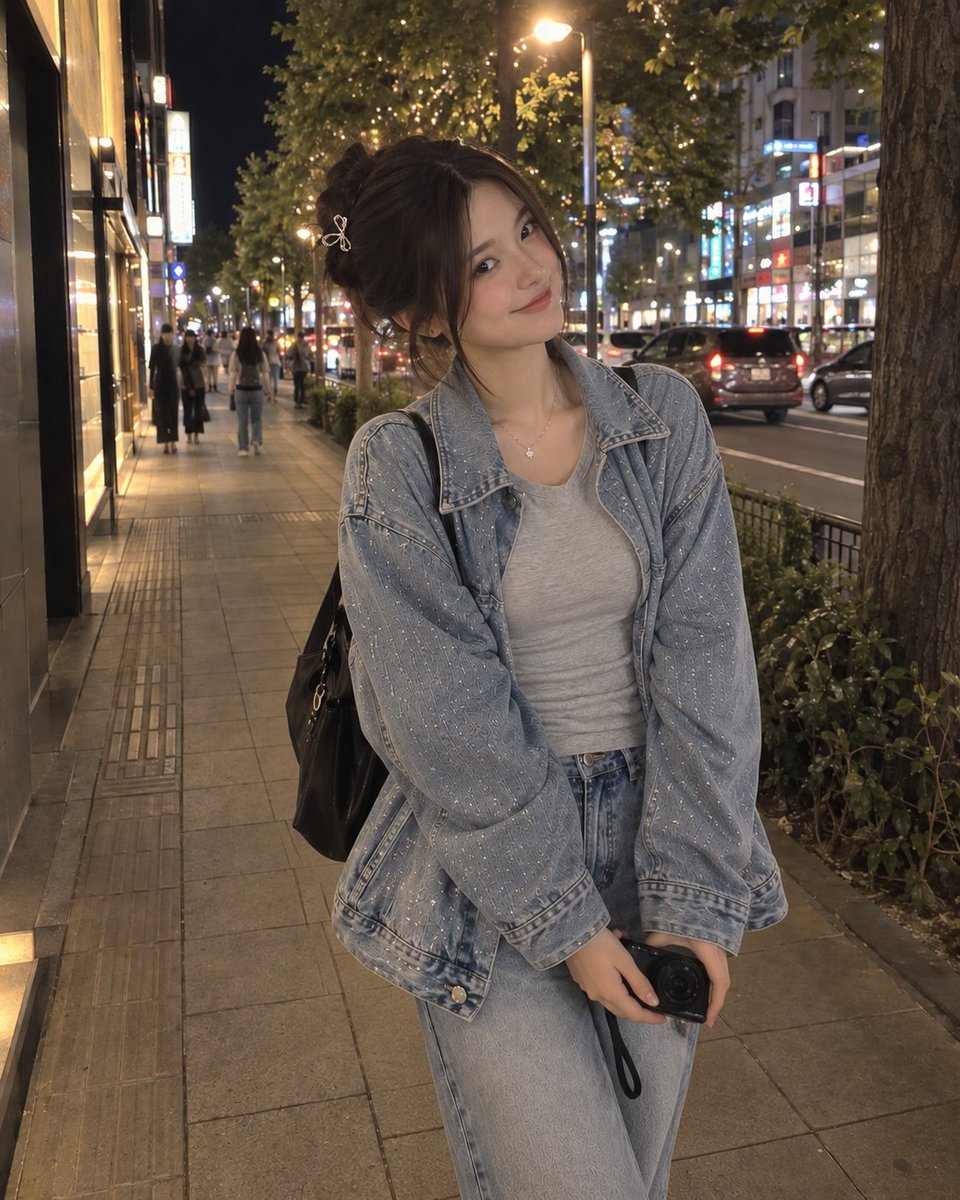 一张照片般逼真的夜景街头时尚人像照片,一位年轻女子站在城市人行道上,双手握着一台小型数码相机,仿佛正在拍照。她有着深黑棕色的长发,整齐地盘成一个...