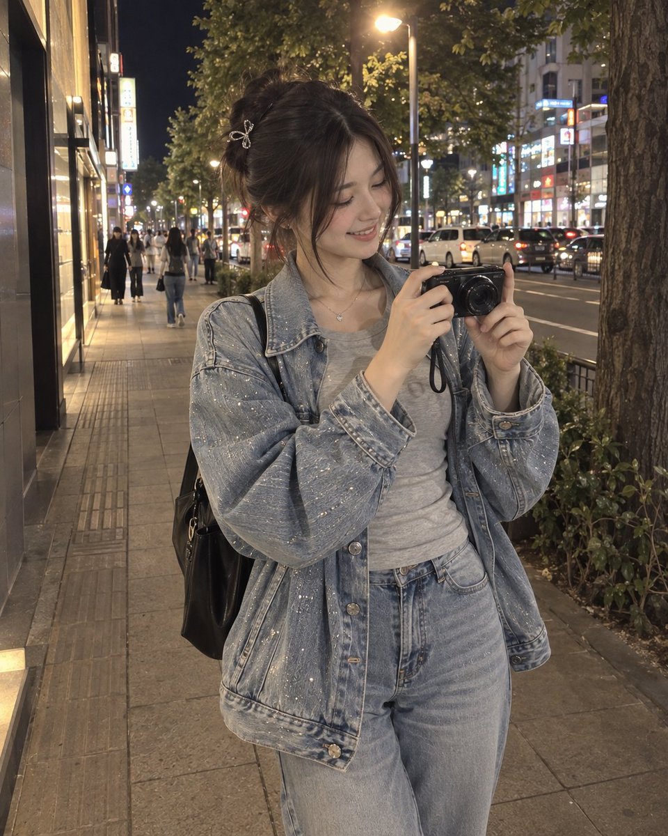 一张照片般逼真的夜景街头时尚人像照片,一位年轻女子站在城市人行道上,双手握着一台小型数码相机,仿佛正在拍照。她有着深黑棕色的长发,整齐地盘成一个低发髻,脸颊两侧自然垂落着柔和的修饰脸型的发丝。...