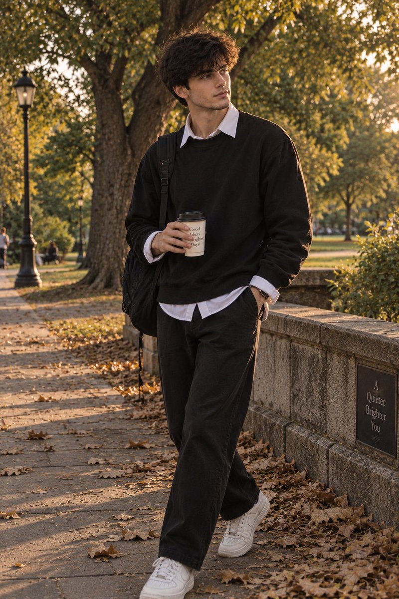 超写实智能手机生活方式人像：一位年轻男子在傍晚黄金时段的一个宁静公园里，背靠一棵大树坐在地面上。他有着浓密蓬松的自然波浪黑色头发、柔和的面部轮廓、淡淡的胡茬，露着轻松的微笑，目光微微侧向一旁。...