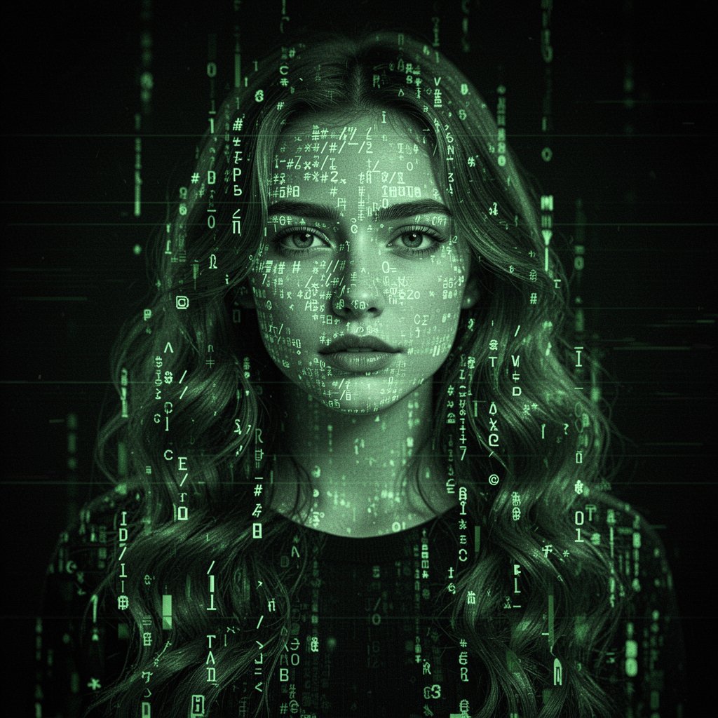 一位年轻女子的肖像，长长的波浪卷发，完全由发光的绿色 ASCII 和终端字符组成，背景为黑色——井号、斜杠、数字和符号形成她面部、发丝和肩膀的明...