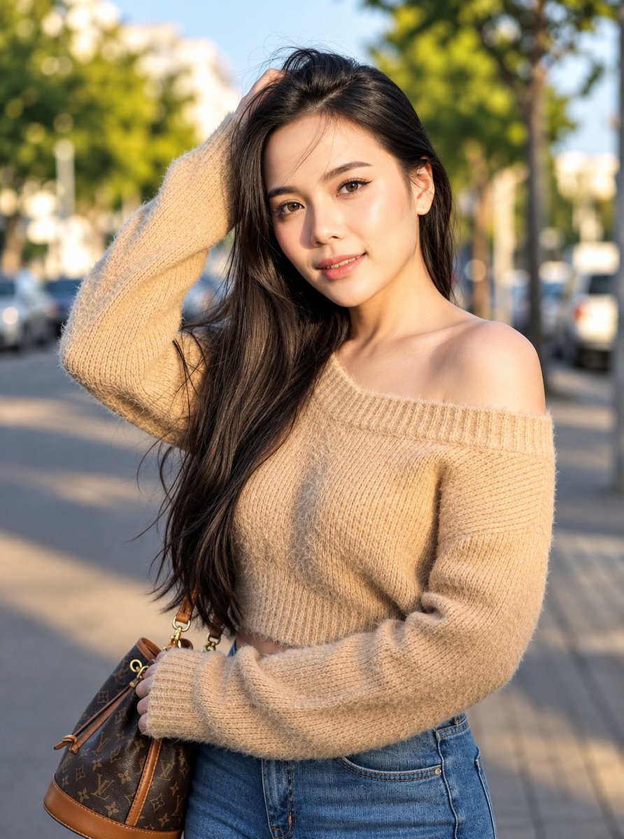 一张照片级真实感的人像肖像：一位美丽的年轻亚洲女性，20岁出头，站在城市街道户外，温暖的黄金时刻。她有着长而直、深棕色至黑色的头发，自然地垂落在...