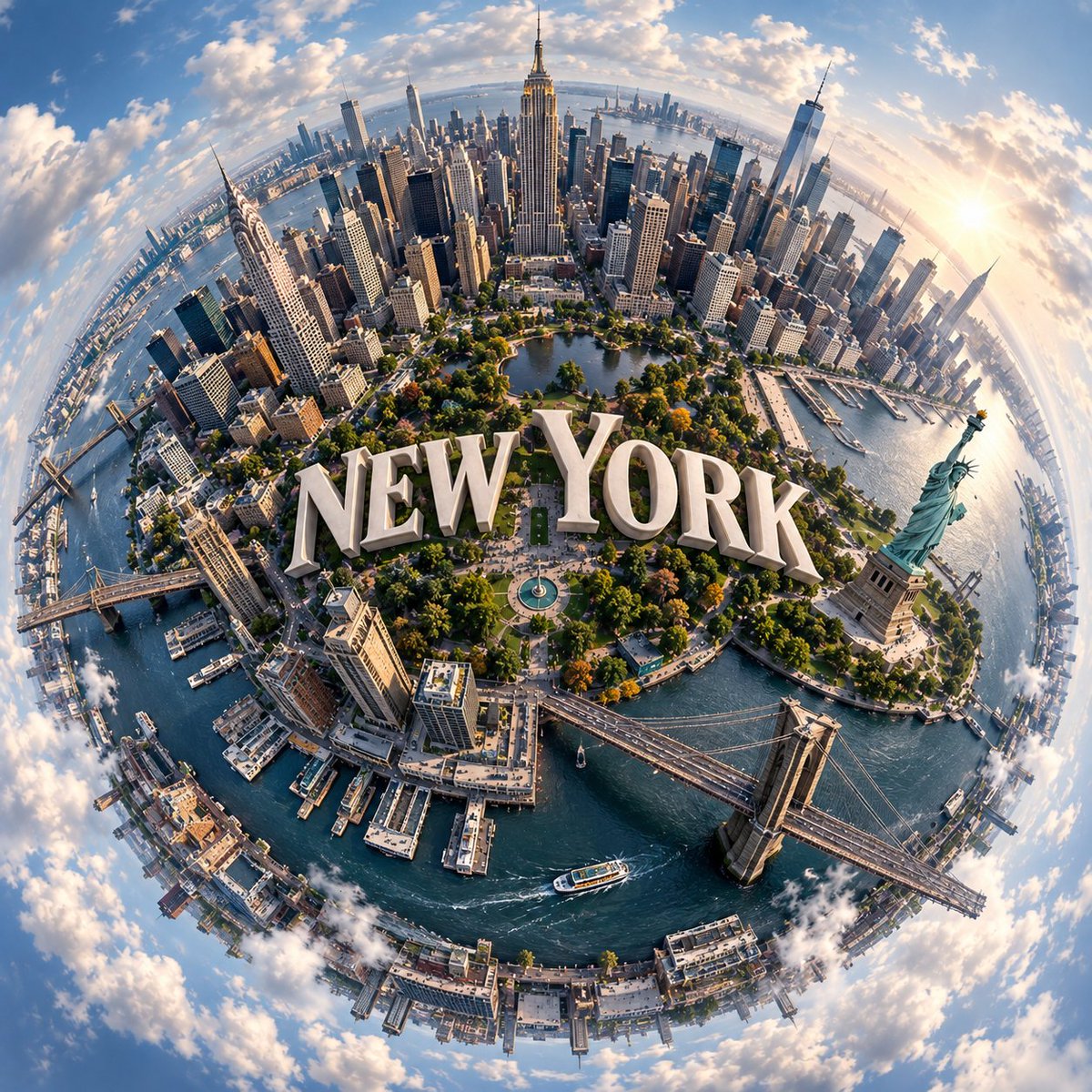 创建一个超现实主义的球形全景图，展现一座迷人的 [CITY NAME]，其最具标志性的地标建筑自然地环绕在一个微型行星般的表面上。整个城市应自然地包裹在球形景观之中，营造出令人惊艳的微型星球效...