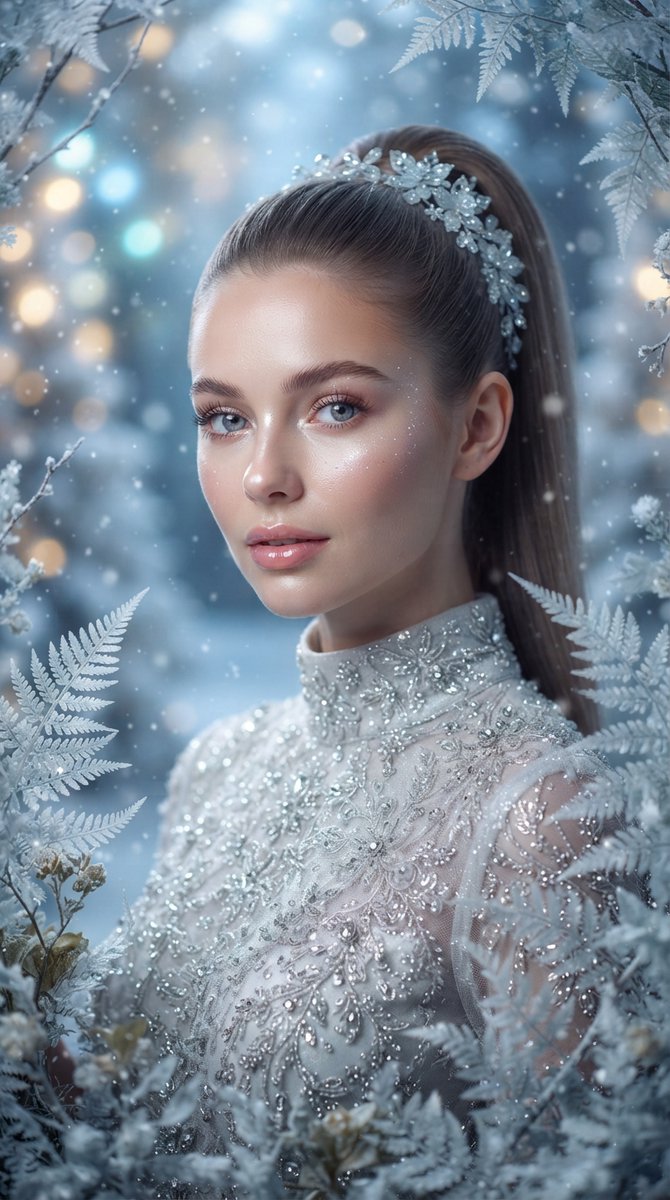 超现实的电影级特写肖像,一位美丽的年轻女子置身于优雅的冰雪奇幻场景中。她拥有精致的五官、瓷器般光泽透亮的肌肤、柔软水润的粉色双唇、富有表现力的蓝灰色眼眸搭配纤长自然的睫毛,以及修剪整齐的眉毛。...