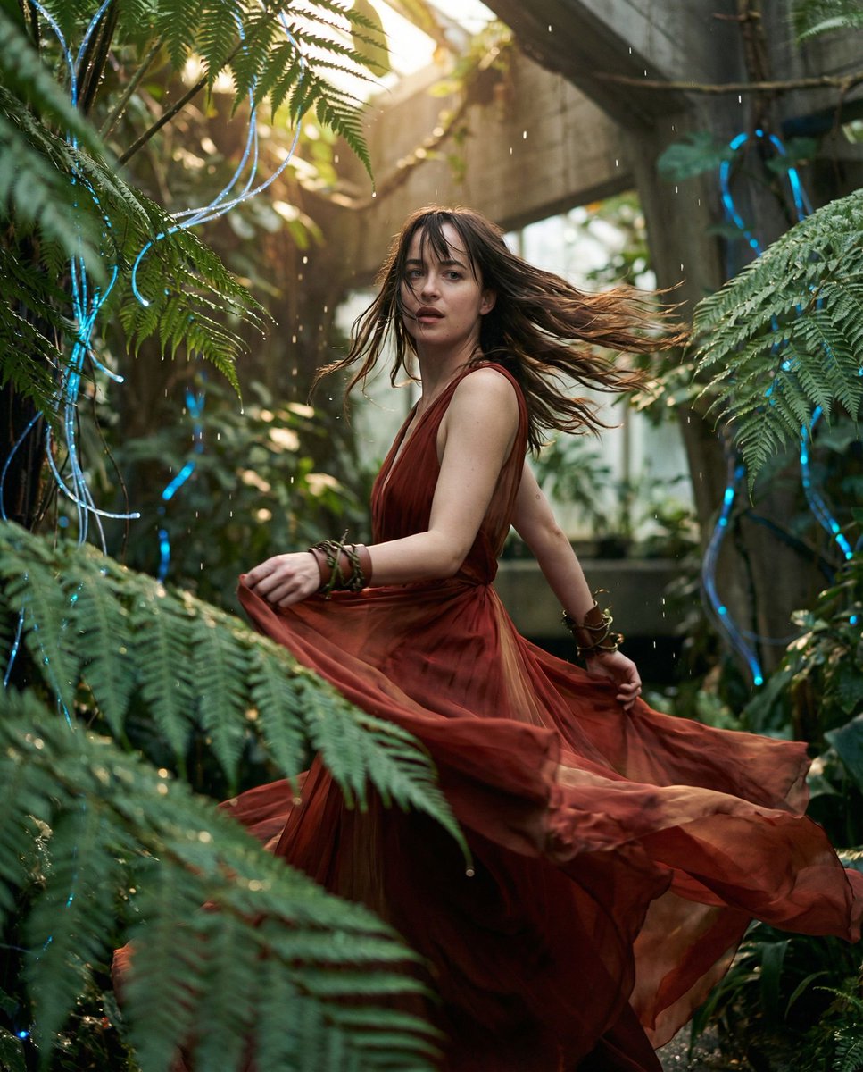 女性, The Kinetic Muse, Universal, Ageless, Focused, serene expression amidst chaos, minimal makeu...
