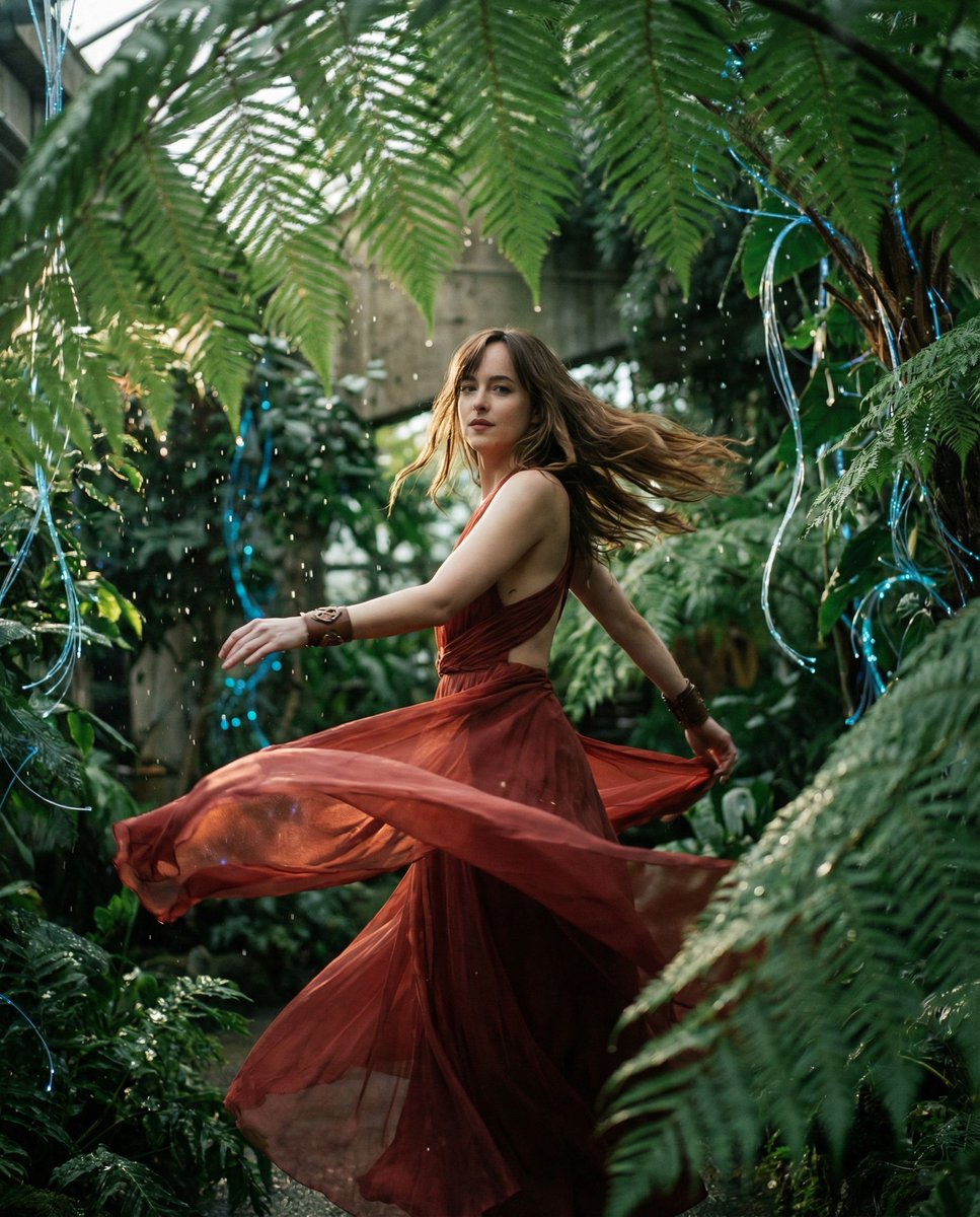 女性, The Kinetic Muse, Universal, Ageless, Focused, serene expression amidst chaos, minimal makeu...