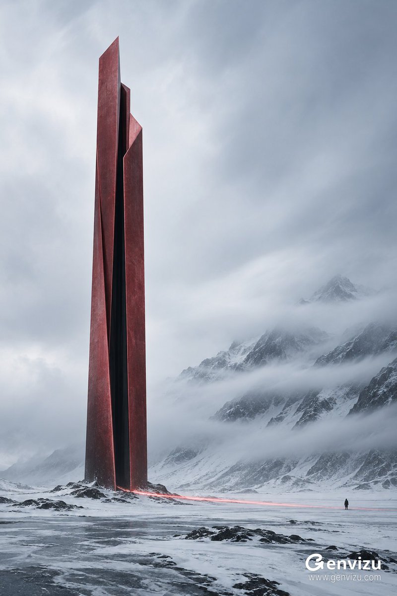单一超高垂直体量对抗广阔雪原；建筑略偏左，天空和右侧山坡形成负空间；红色实体与黑色缝隙产生强烈图底关系；人物极小用于尺度参照；雾遮山脊；红光沿地...