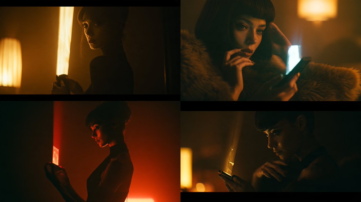 在黑暗中看到一位性感女人手持设备，从设备中投射出全息图像，灯光只照亮部分场景，广角镜头，暖色调灯光，《银翼杀手2049》，电影感 --ar 16...