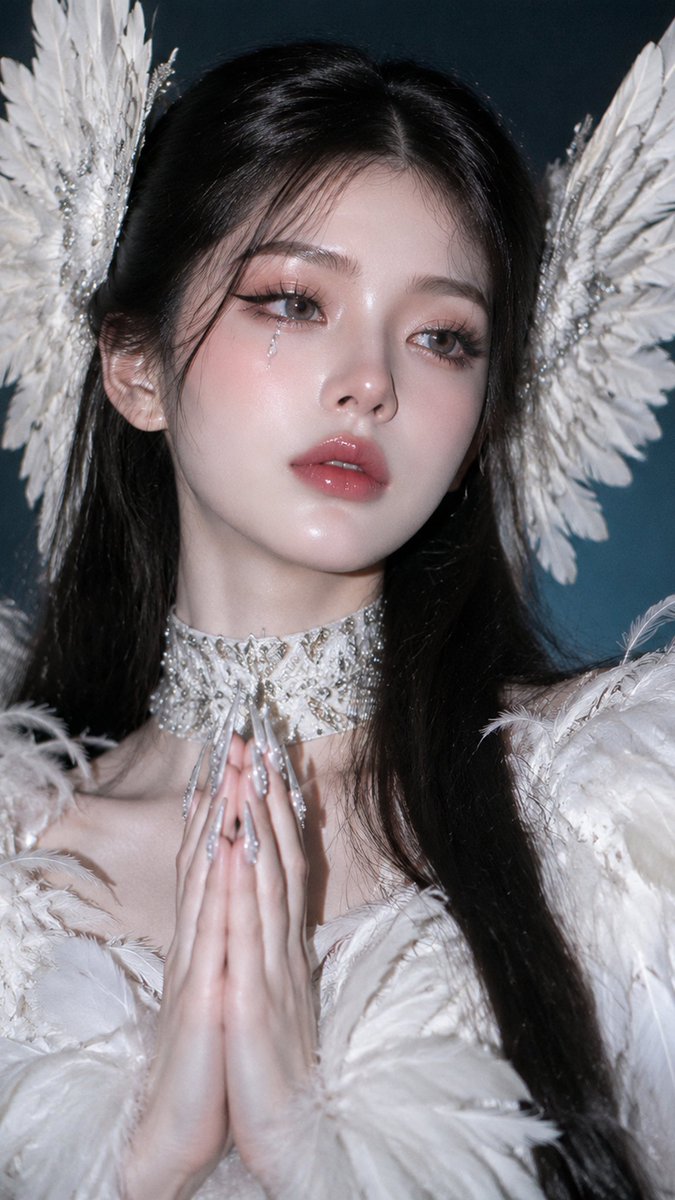 超现实主义高级时装天使肖像,一位年轻女性,构图与造型高度贴合参考。她身着一袭华丽夸张的白色羽毛高定礼服,肩部羽毛蓬松丰盈,胸前与领口层层叠覆柔软...