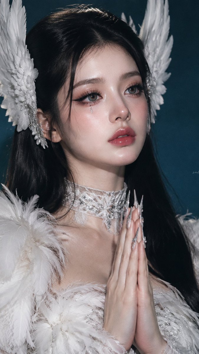 超现实主义高级时装天使肖像,一位年轻女性,构图与造型高度贴合参考。她身着一袭华丽夸张的白色羽毛高定礼服,肩部羽毛蓬松丰盈,胸前与领口层层叠覆柔软白色羽毛,并搭配一条精致的银色刺绣颈链。一对大型...