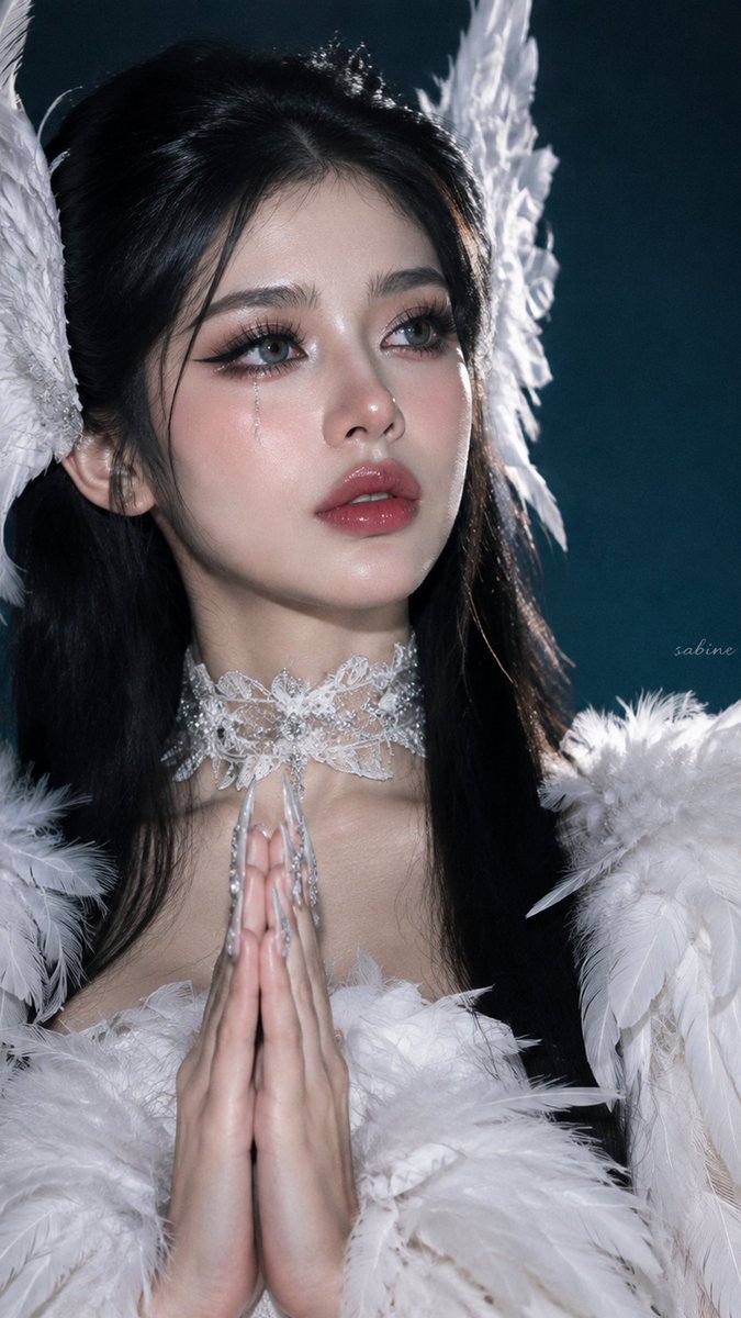 超现实主义高级时装天使肖像,一位年轻女性,构图与造型高度贴合参考。她身着一袭华丽夸张的白色羽毛高定礼服,肩部羽毛蓬松丰盈,胸前与领口层层叠覆柔软白色羽毛,并搭配一条精致的银色刺绣颈链。一对大型...
