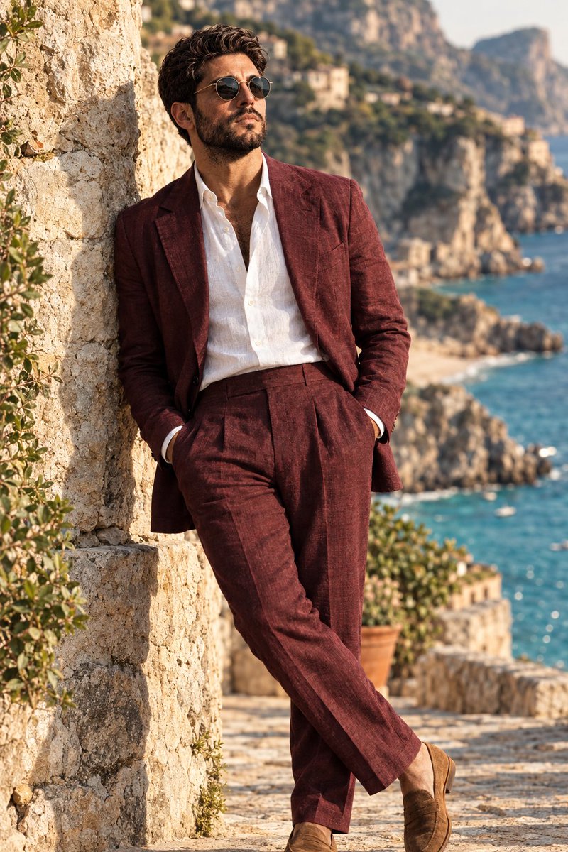 照片写实风格的奢华时尚大片：一位时髦的地中海男士，三十出头，深色波浪卷发，蓄着修剪整齐的浓密络腮胡，戴着一副复古圆形墨镜，身着一套精致的酒红/葡...
